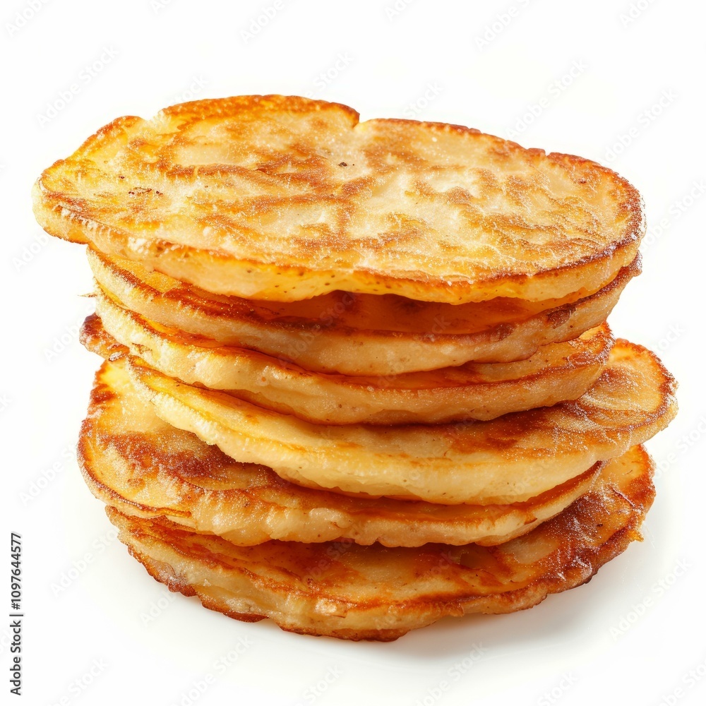 Stack of pancakes forming a delicious tower isolated on white background Stack of pancakes forming a delicious tower isolated on white background