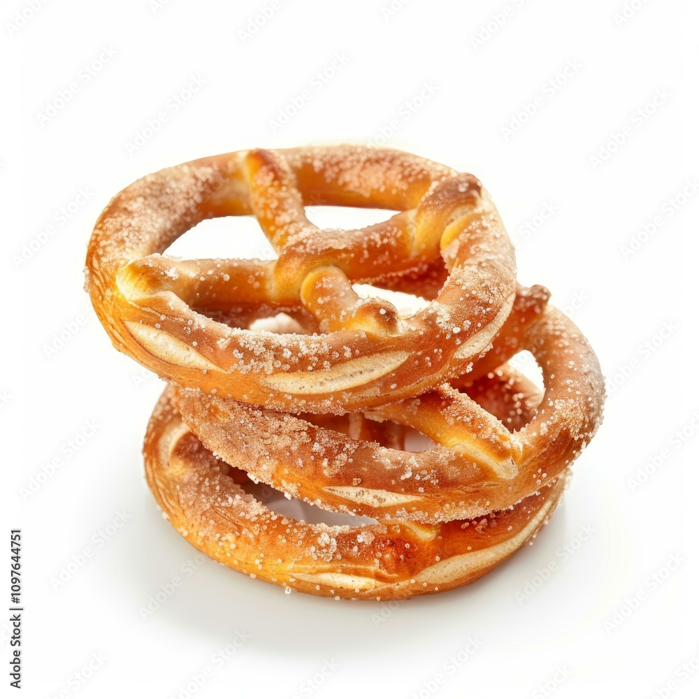 Fototapeta premium Stack of crunchy pretzels sprinkled with coarse salt on white background