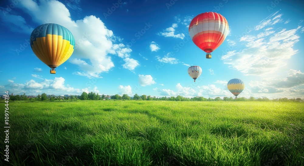 Obraz premium Colorful Hot Air Balloons Floating Over Lush Green Field Under Bright Blue Sky With Fluffy White Clouds in a Picturesque Landscape Setting