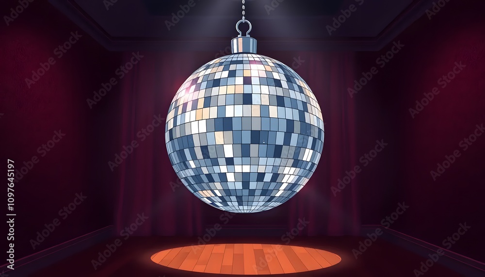 Obraz premium A_cartoonish_clipart_style_of_A_shimmering_disco_ball,_roughly_two_feet_in_diameter,_hangs_from_the_ceiling_in_a_dimly_lit_room_Its_surface_is Generative AI
