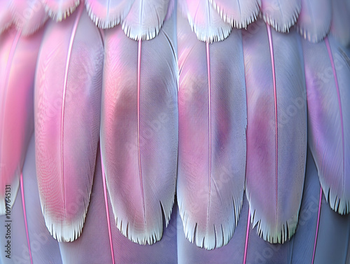 Close-up of soft pink bird feathers overlapping, showing texture and delicate detail. photo