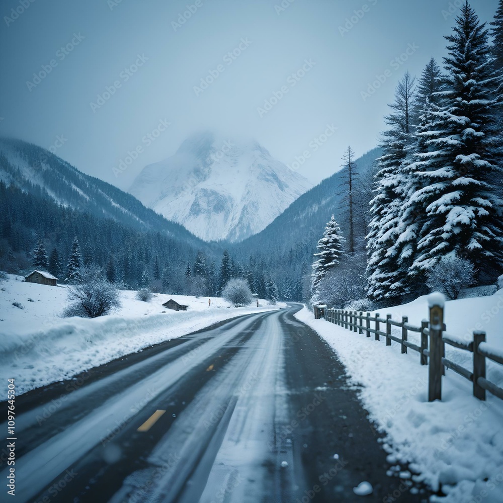 Snow falling gently on a quiet road with mountains in the background, a snowman standing along the roadside, soft snowfall creating a serene winter scene, peaceful atmosphere with a touch of winter ma Snow falling gently on a quiet road with mountains in the background, a snowman standing along the roadside, soft snowfall creating a serene winter scene, peaceful atmosphere with a touch of winter ma