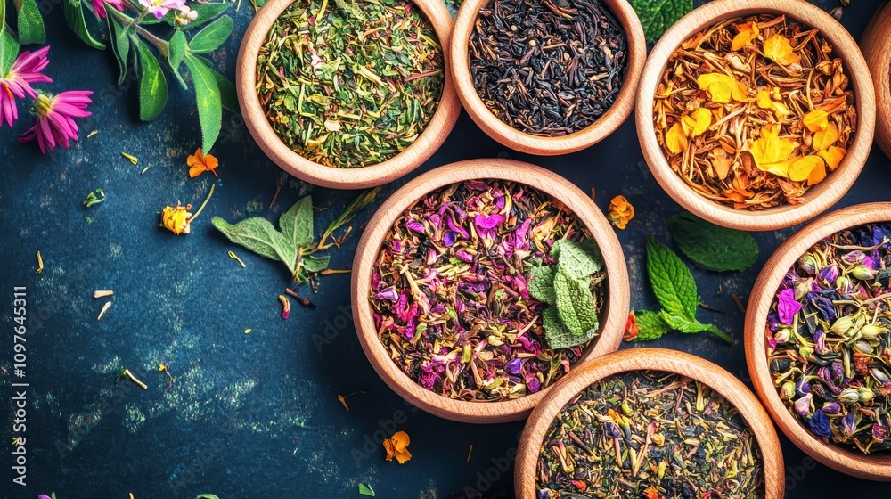 Assorted Herbs and Spices in Wooden Bowls Assorted Herbs and Spices in Wooden Bowls
