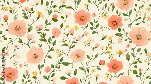Wallpaper Mural Beautiful pink flowers and green leaves floral pattern design for spring Torontodigital.ca