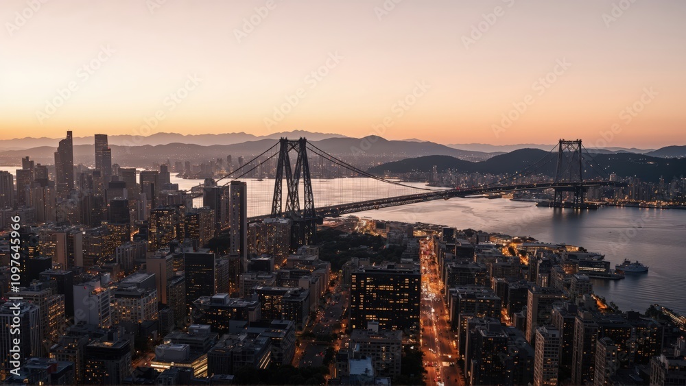 Obraz premium Generative AI, Golden Sunset Over a City and Suspension Bridge