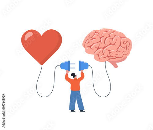 Heart and Brain Balance. Control feeling and emotion concept. Woman connect heart feeling with logical thinking brain. Vector illustration in flat cartoon style.