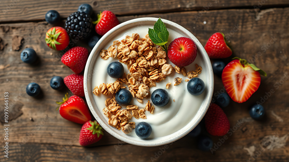 Top view of a breakfast bowl with yogurt, granola, and fresh berries on a wooden surface, food presentation, chia seeds, acai bowl, healthy living, homemade Top view of a breakfast bowl with yogurt, granola, and fresh berries on a wooden surface, food presentation, chia seeds, acai bowl, healthy living, homemade