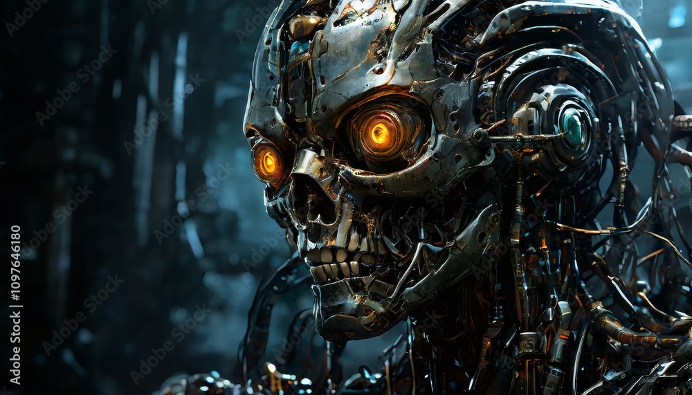 A striking close-up of a dark, skeletal robot with glowing orange eyes. The detailed mechanics and wires give it a sinister, futuristic appearance, ideal for sci-fi themes.. AI Generation A striking close-up of a dark, skeletal robot with glowing orange eyes. The detailed mechanics and wires give it a sinister, futuristic appearance, ideal for sci-fi themes.. AI Generation