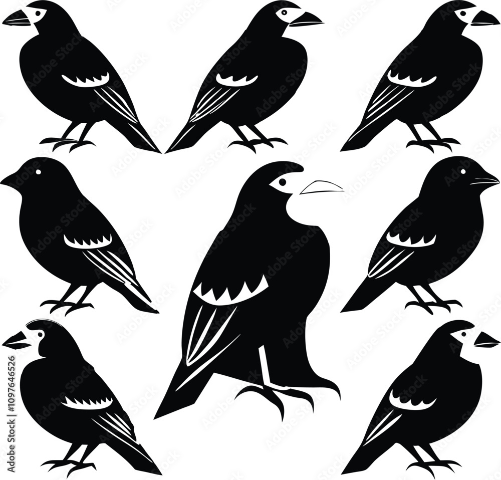 Obraz premium Black Bird Silhouettes Vector Graphic: Crow Raven Clip Art Illustration, Wildlife Birdwatching Design Element, Isolated Bird Icons