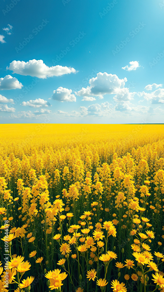 Fototapeta premium Vast yellow rapeseed field under the blue sky, blooming flowers, harvest, peaceful surroundings