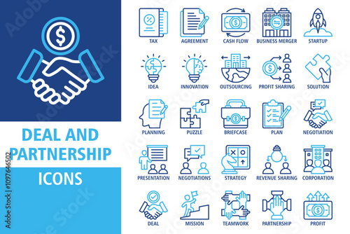 Deal and partnership icon set. Containing Tax, Agreement, Cash flow, Idea, Innovation, Negotiation, Presentation, Revenue sharing, Deal, Mission, Teamwork, Partnership icons. Solid outline collection.
