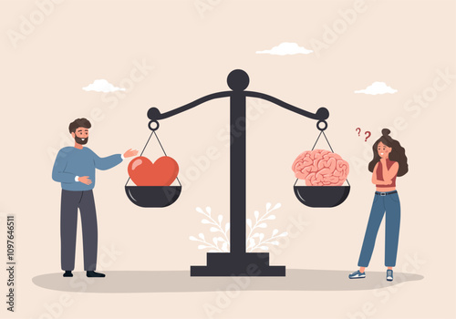 Balance between Brain and Heart. Mental and physical health concept. Man and Woman comparing logic thinking and emotion on scales. Vector illustration in flat cartoon style.