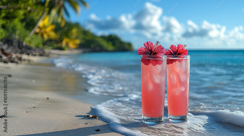 refreshing scene of two pink hibiscus cocktails placed on a tropical beach table, surrounded by vibrant flowers and a warm, sunny atmosphere, evoking feelings of relaxation and paradise refreshing scene of two pink hibiscus cocktails placed on a tropical beach table, surrounded by vibrant flowers and a warm, sunny atmosphere, evoking feelings of relaxation and paradise