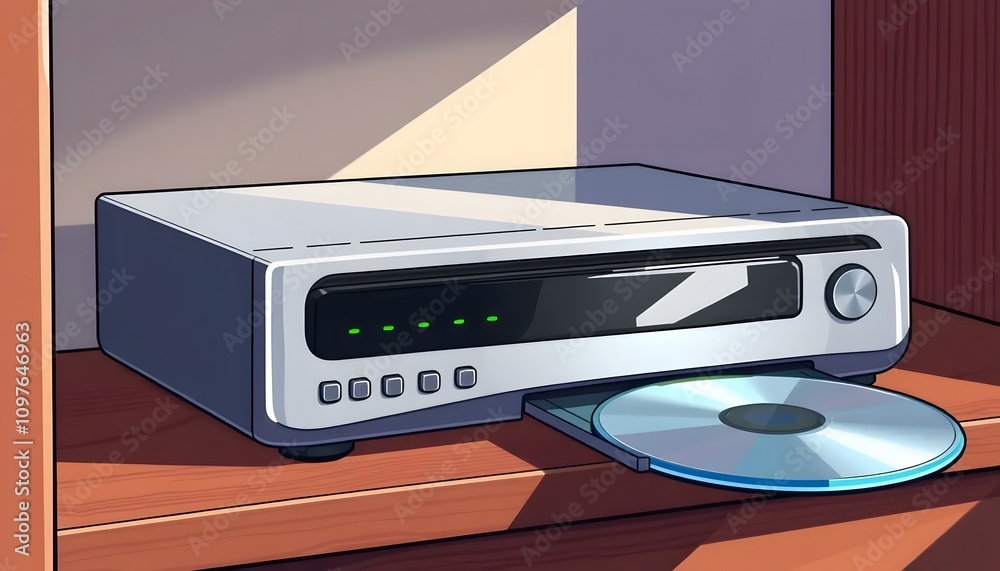 Fototapeta premium A_cartoonish_clipart_style_of_A_sleek,_silver_DVD_player_rests_on_a_polished_wooden_shelf,_its_surface_reflecting_the_soft,_ambient_light_of_the Generative AI
