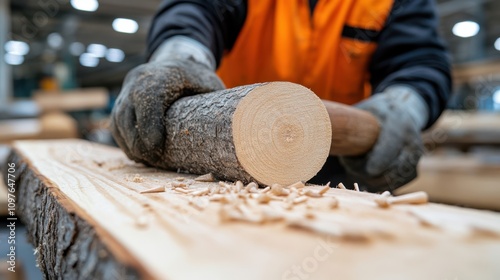 A dedicated carpenter hones his craft, meticulously shaping wood with precise hammer strokes in a bustling workshop. photo