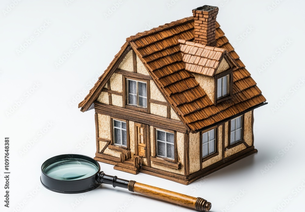 Detailed Wooden Model of a Traditional House with a Magnifying Glass Next to It on a Clean Surface, Perfect for Real Estate or Home Inspection Themes Detailed Wooden Model of a Traditional House with a Magnifying Glass Next to It on a Clean Surface, Perfect for Real Estate or Home Inspection Themes