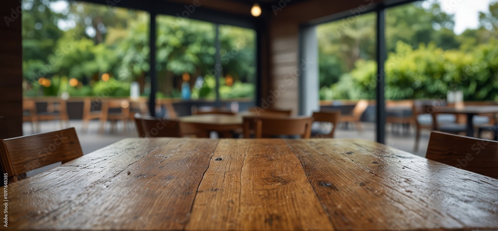Empty wood table with blur interior outdoor space coffee restaurant or cafe for background Empty wood table with blur interior outdoor space coffee restaurant or cafe for background