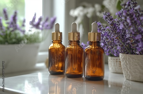 Elegant Arrangement of Amber Glass Dropper Bottles with Essential Oils Surrounded by Fresh Purple Lavender Flowers on a Bright and Inviting Tabletop Setting