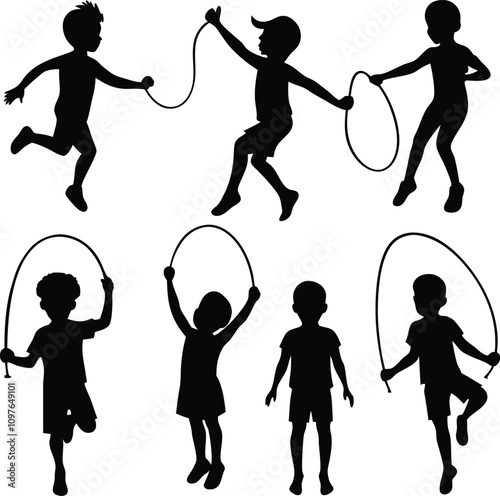 Silhouette of Children Playing Jump Rope: Active Kids, Childhood Fun, Exercise, Black and White Illustration, Vector Graphic, Recreation