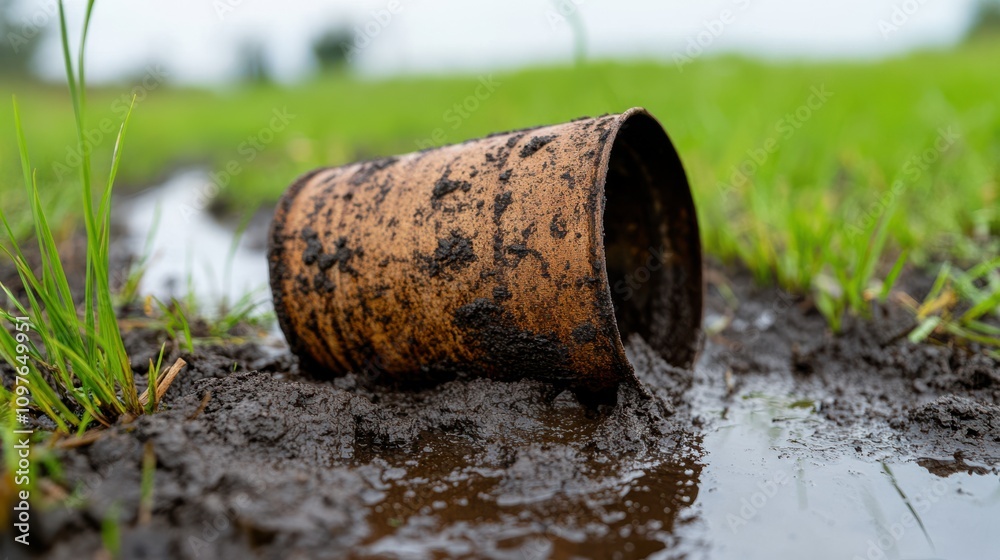 A rusted metal can, partially submerged in muddy terrain, reflects environmental negligence amidst vibrant green grass and damp soil. A rusted metal can, partially submerged in muddy terrain, reflects environmental negligence amidst vibrant green grass and damp soil.