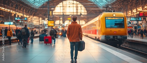 A traveler with a suitcase waits for a train in a bustling station filled with people.