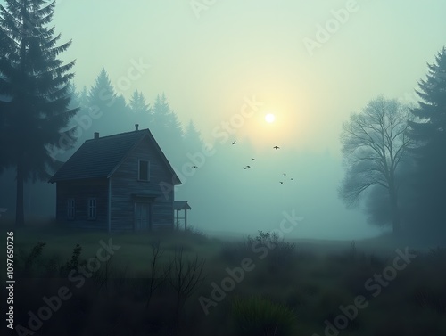 Foggy Forest Landscape With Abandoned House and Birds at Dusk