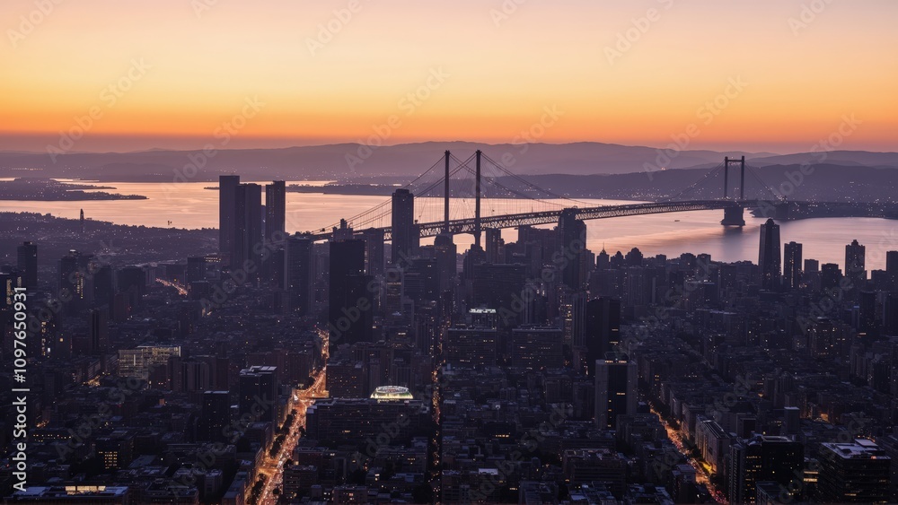 Fototapeta premium Generative AI, Golden Sunset Over a City and Suspension Bridge