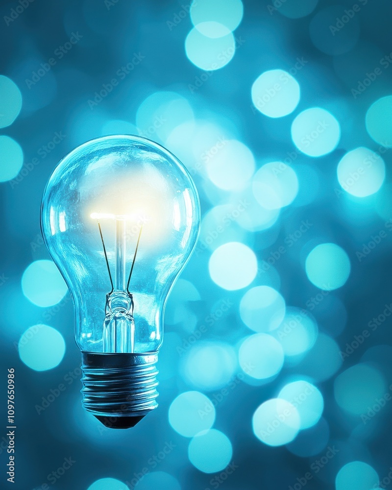 A glowing light bulb against a blue bokeh background, symbolizing creativity, innovation, and illumination.