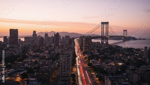 Wallpaper Mural Generative AI, Golden Sunset Over a City and Suspension Bridge Torontodigital.ca