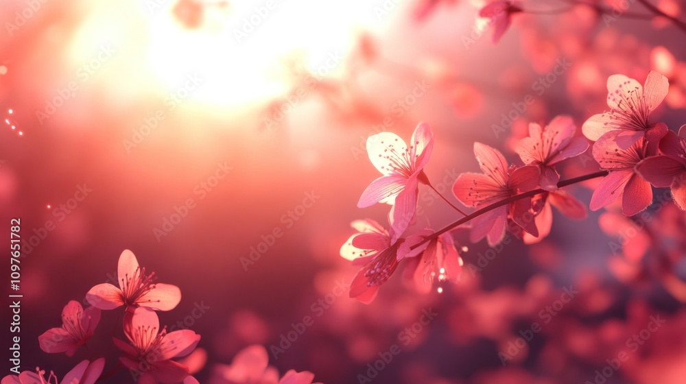Fototapeta premium Pink Blossoms Illuminated By Warm Sunset Light