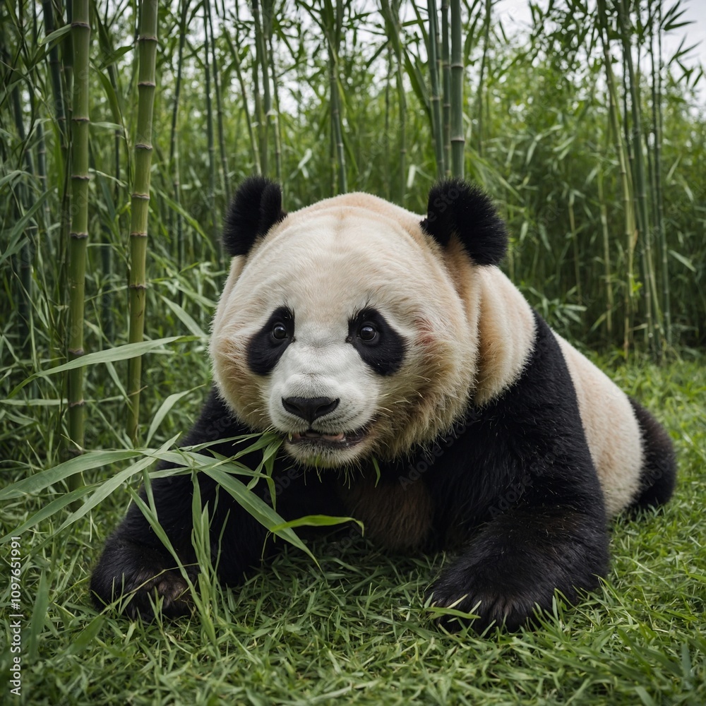 Obraz premium A panda rolling in a bamboo-filled grassy field.