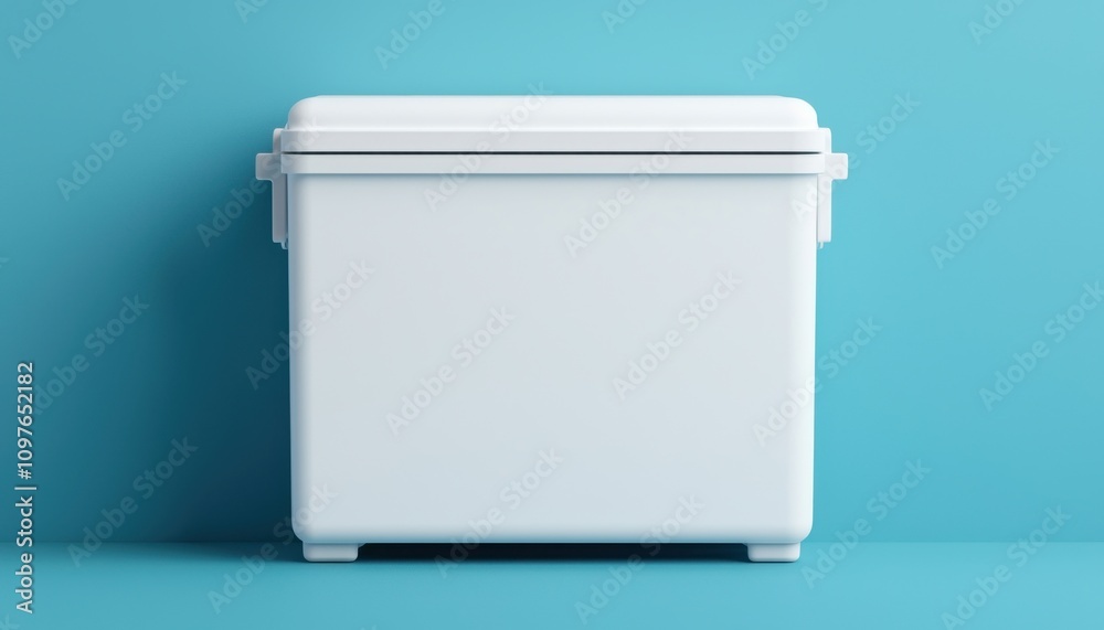 A clean, modern white storage container against a bright blue background.