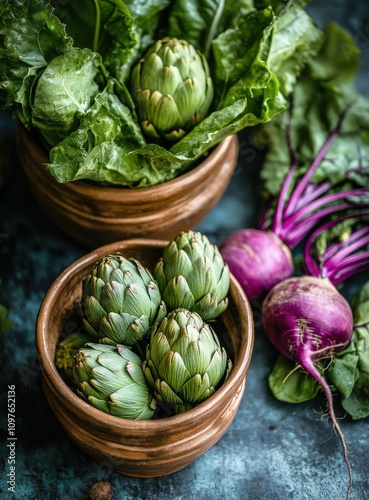 Fresh Green Artichokes and Radishes Nestled Among Crisp Lettuce Leaves in Rustic Bowls on a Textured Background for Culinary Inspiration and Healthy Living photo