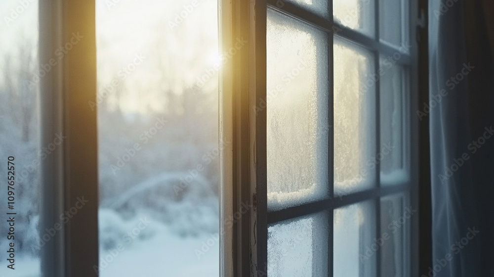 Fototapeta premium condensation on a double-glazed window symbolizing moisture, cold, temperature contrast, and the boundary between comfort and external weather elements
