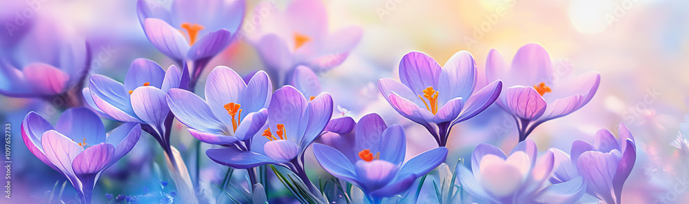 A cluster of purple crocuses in full bloom, standing gracefully on green leaves against a pastel background. A beautiful symbol of springtime renewal and hope. A cluster of purple crocuses in full bloom, standing gracefully on green leaves against a pastel background. A beautiful symbol of springtime renewal and hope.