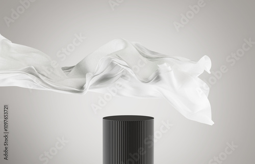 3D display podium white background. Luxury flying gray in motion. Glamour minimal black pedestal for beauty, cosmetic product presentation. Feminine copy space, template, studio 3d render