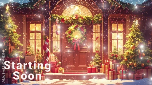 Cozy holiday home adorned with festive decorations welcomes winter cheer starting soon stream overlay seamless loop Vtuber streamer asset twitch zoom OBS screen animated wallpaper virtual background