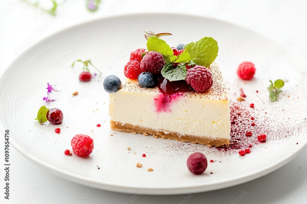 Cheesecake with fresh berries on white plate Cheesecake with fresh berries on white plate