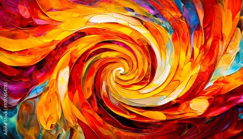 A mesmerizing abstract swirl of vibrant reds, yellows, and oranges creates a sense of dynamic motion and energy. The striking design pulls the viewer into its vivid, swirling depths.. AI Generation