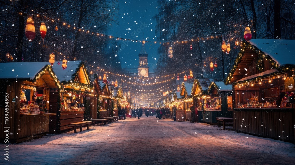 Vibrant Holiday Market with Festive Lanterns Vibrant Holiday Market with Festive Lanterns