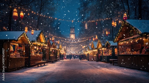 Vibrant Holiday Market with Festive Lanterns