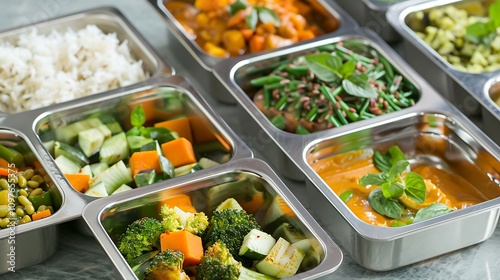 fresh lunch with vegetarian curry in stainless steel dishes