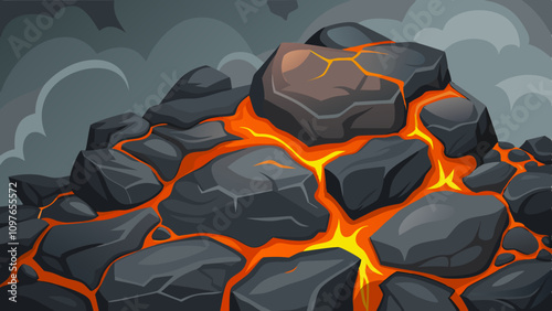 Vector illustration of dark gray volcanic rocks with bright orange lava flowing