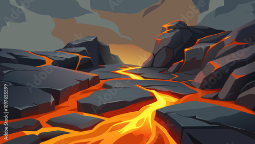 Vector illustration of dark gray volcanic rocks with bright orange lava flowing