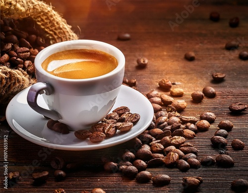 Espresso Coffee Cup With Beans On Vintage Table