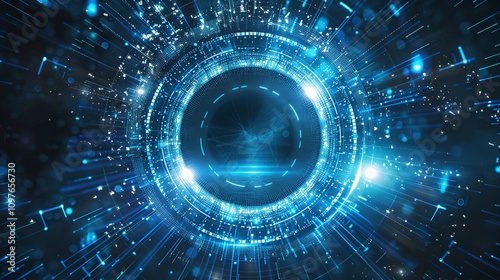 A futuristic digital interface with glowing blue lights and abstract patterns.