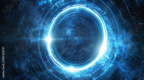 A futuristic digital interface with glowing blue lights and abstract patterns.