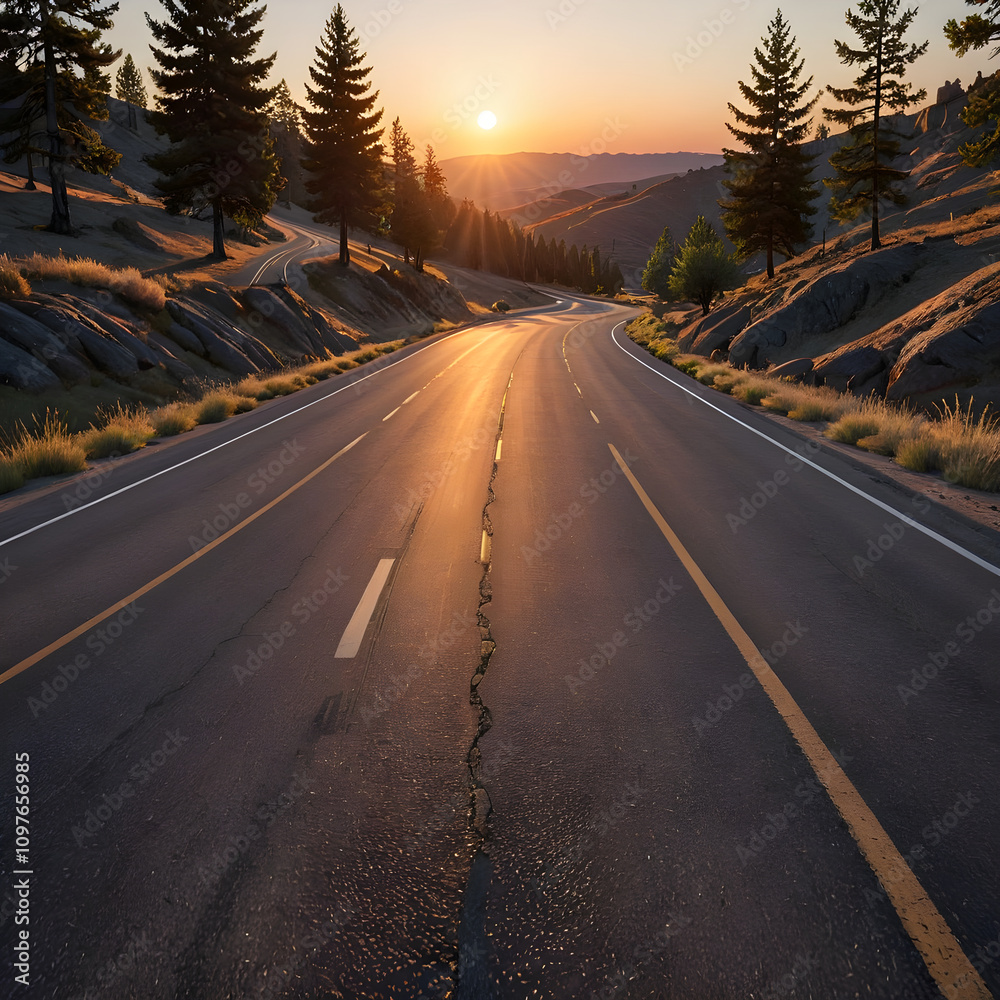 Fototapeta premium arafed road with trees on both sides and a sunset in the background