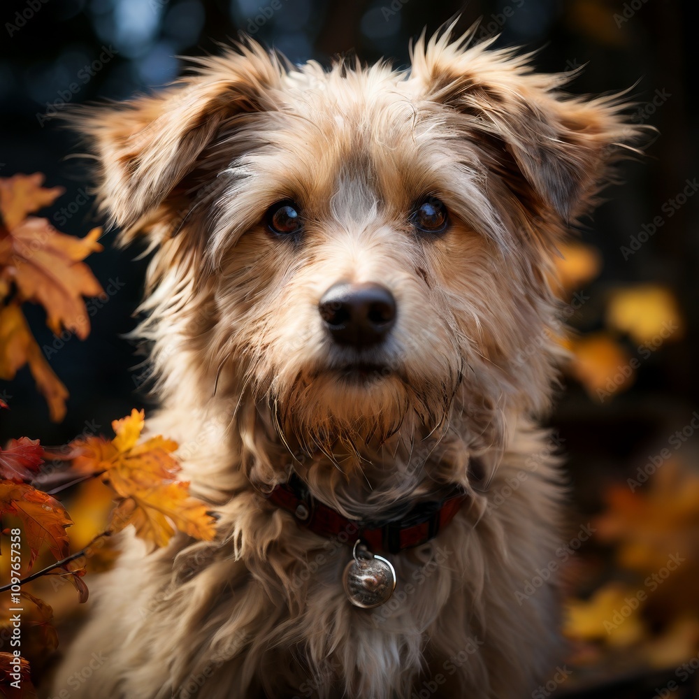 A fluffy dog with soulful eyes stands amidst vibrant autumn leaves, creating a heartwarming and natural portrait. The mix of warm colors and the dog. AI Generation A fluffy dog with soulful eyes stands amidst vibrant autumn leaves, creating a heartwarming and natural portrait. The mix of warm colors and the dog. AI Generation