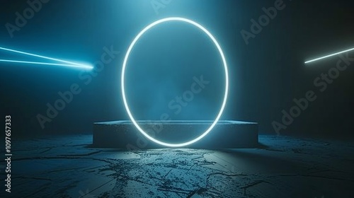 A futuristic digital interface with glowing blue lights and abstract patterns.